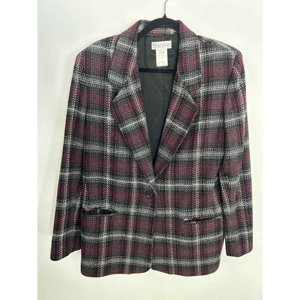 Private Concepts Womens Wool Blend Plaid Blazer Burgundy Black Size M 83009